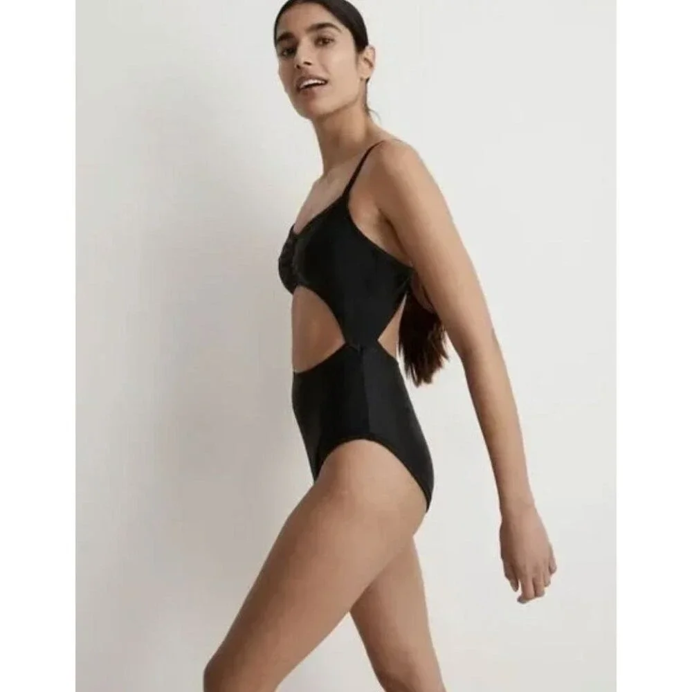 Madewell Cinched Cutout One-Piece Swimsuit Black S Minimalist Beach Neutral NWT